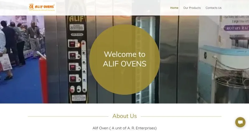 The old Alif Ovens website: a basic template homepage with a Welcome to Alif Ovens circle over a photo